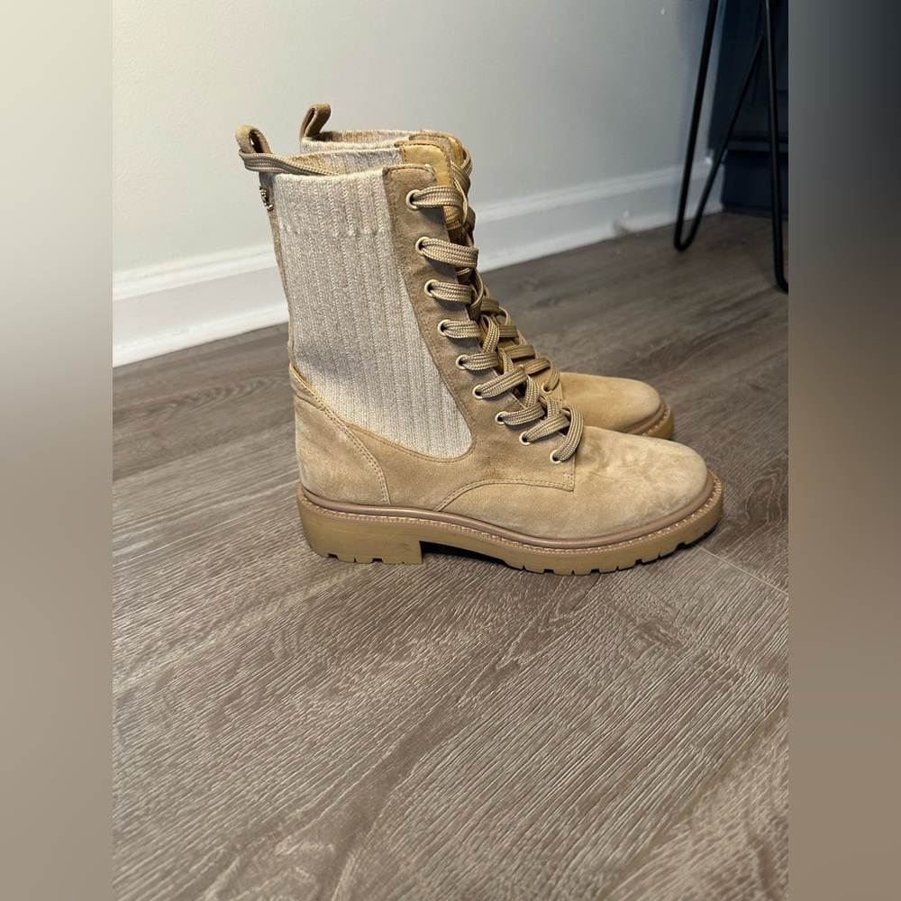 Sam Edelman Women’s Lydell Combat Boots, Suede and Knit, Tan, Size 6, NEW